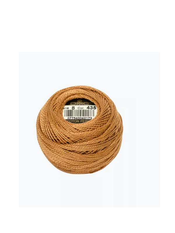 A ball of Dmc helmilanka nro 8 brown cotton thread, size 8, color 435, with a satin sheen is shown on a plain white background.