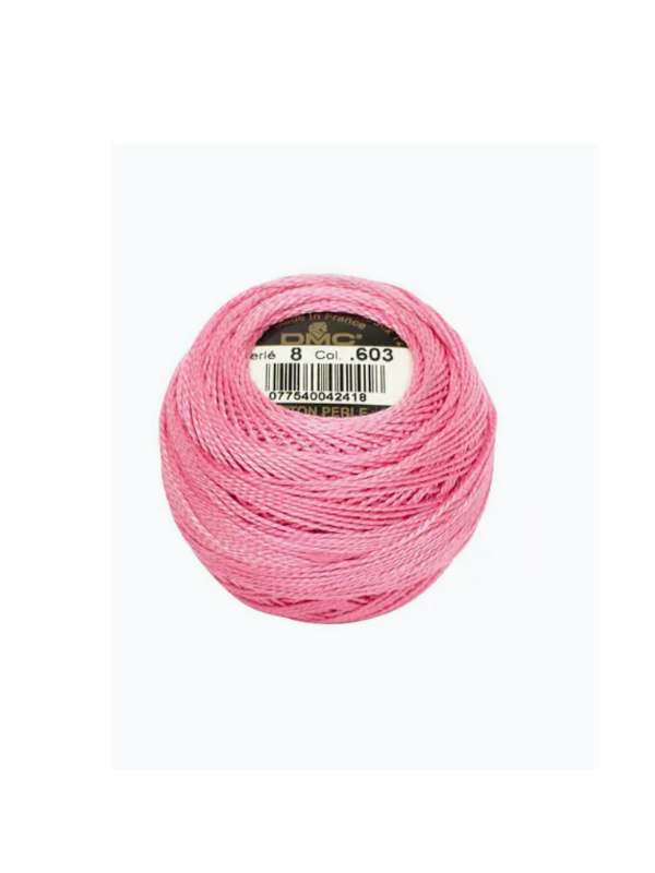 A ball of pink Dmc helmilanka nro 8 embroidery thread, labeled Perle 8 Col. 603 with a barcode, is shown against a plain white background. The thread has beautiful satin sheen, perfect for elegant stitching projects.
