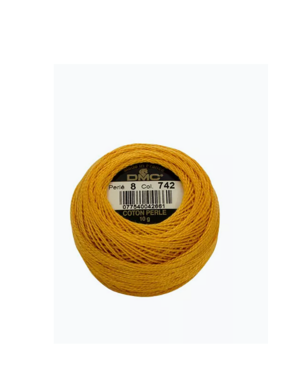 A ball of Dmc helmilanka nro 8 cotton embroidery thread in bright yellow (color 742) with a label showing product details and a barcode, set against a plain white background.