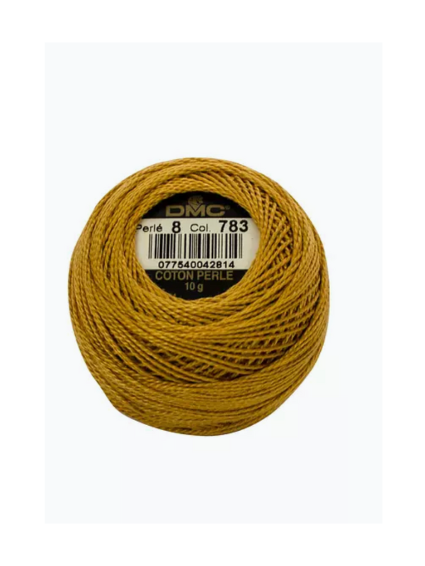 A 10g ball of Dmc helmilanka nro 8 embroidery thread in golden yellow (color 783), size 8, features beautiful satin sheen and visible product details on the label.