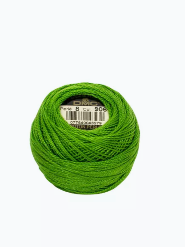 A ball of bright green Dmc helmilanka nro 8 embroidery thread, “DMC Perle 8 Col 906,” with satin sheen, is displayed against a white background.