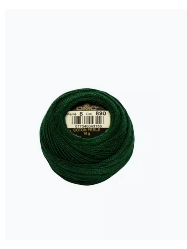 A spool of Dmc helmilanka nro 8 in dark green (color 890), size 8 Perlé Cotton, features a central white label with product details and a subtle satin sheen.