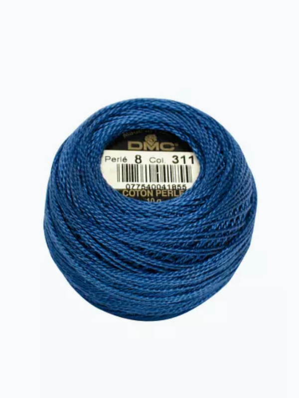 A ball of blue Dmc helmilanka nro 8 cotton thread, color 311, with satin sheen and a visible central label.