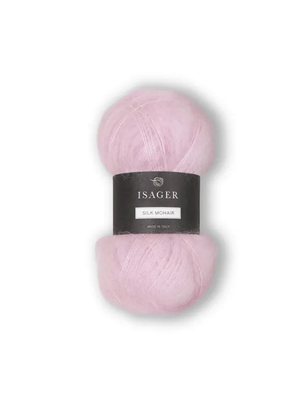 A skein of pale pink Isager Silk Mohair with a black and gray label, shown on a white background—ideal for your next project using the Cumulus Blouse neuleohje + Isager Silk Mohair.