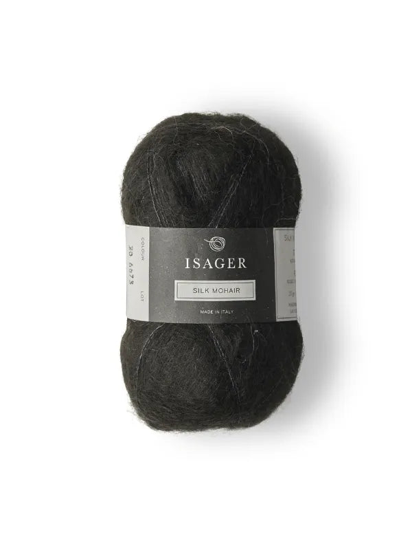 A skein of dark Isager Silk Mohair yarn with a gray band, shown on white. The label notes it's made in Italy—ideal for your next project like the Cumulus Blouse neuleohje + Isager Silk Mohair.