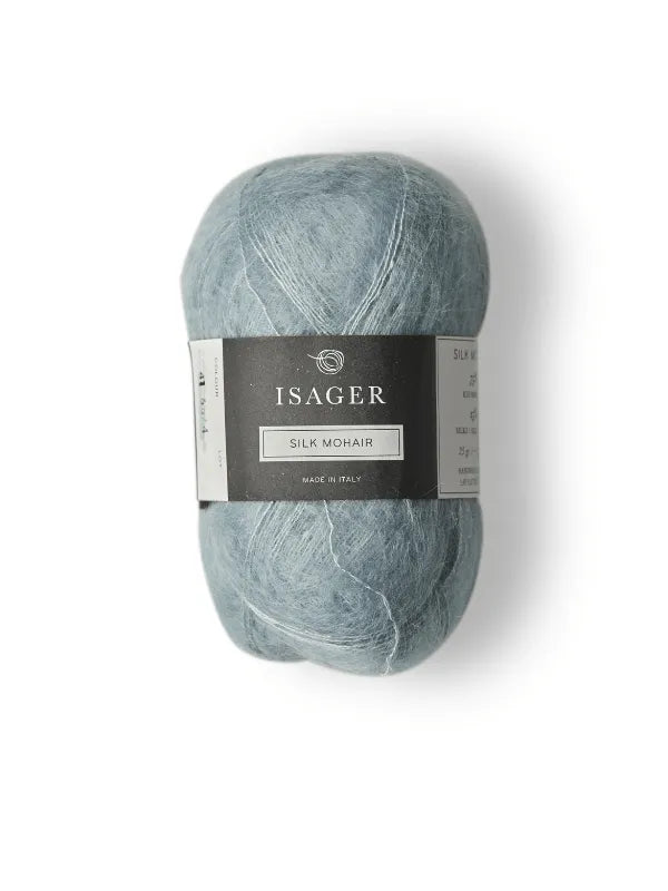 A skein of Isager Silk Mohair in soft blue with a branded label, ideal for the Cumulus Blouse neuleohje—Cumulus Blouse neuleohje + Isager Silk Mohair.