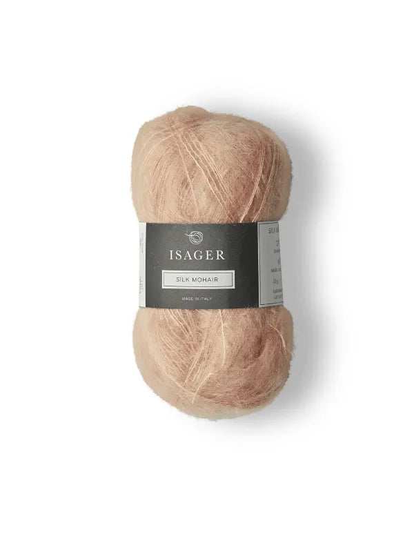 A skein of light beige Isager Silk Mohair from the Cumulus Blouse neuleohje + Isager Silk Mohair set, featuring a gray and white label and displayed on a white background—ideal for your next knitting project.