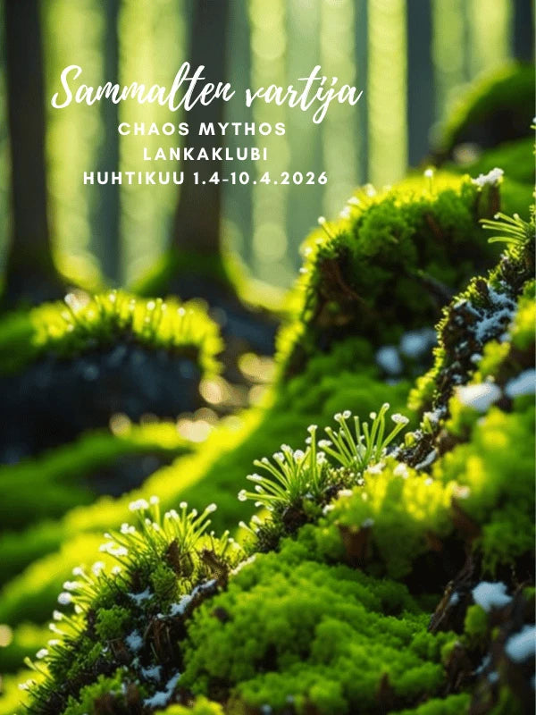 Vivid green moss and white stalks cover a sunlit forest floor with tall trees behind. White Finnish text announces WoolWomen lankaklubi 2026 - Chaos Mythos Club and vuoden 2026 lanka, event in April 2026.