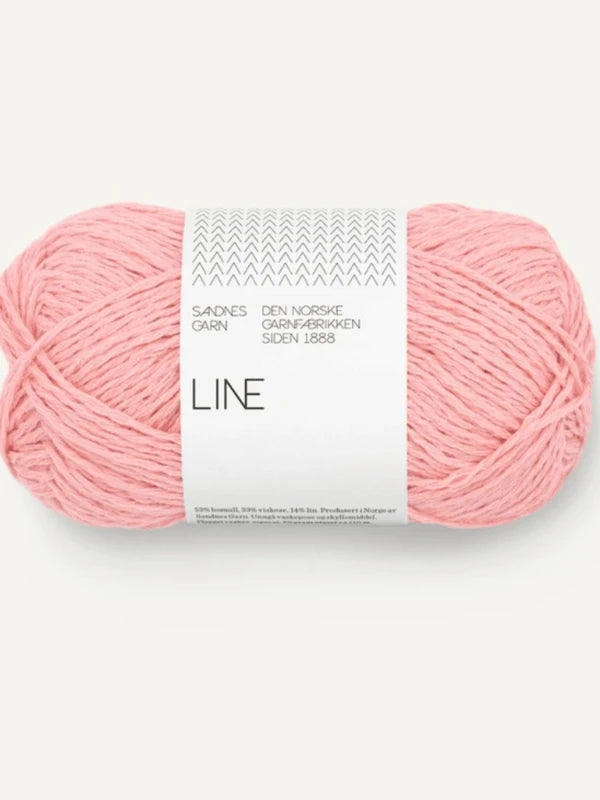 A skein of light pink Sandnes Garn Line yarn with white and gray packaging—perfect for the Milly Sweater & Skirt Neuleohje Suomi + Sandnes Garn line set.