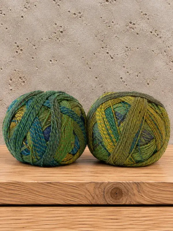 Two balls of Schoppel-Wolle Edition 3 variegated yarn in shades of green, yellow, and blue sitting on a wooden surface.