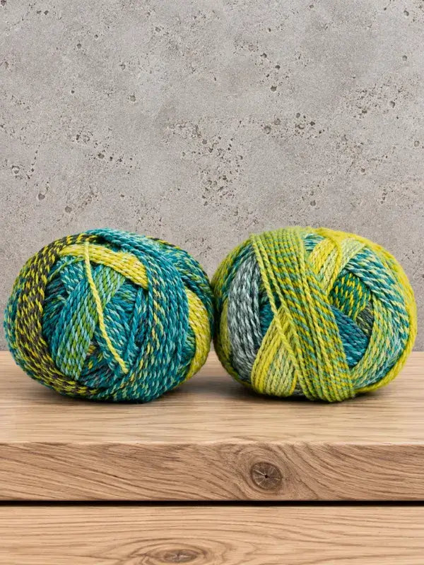 Two cakes of Schoppel-Wolle Edition 3 yarn in a marbled blend of teal, lime green, and yellow fibers.