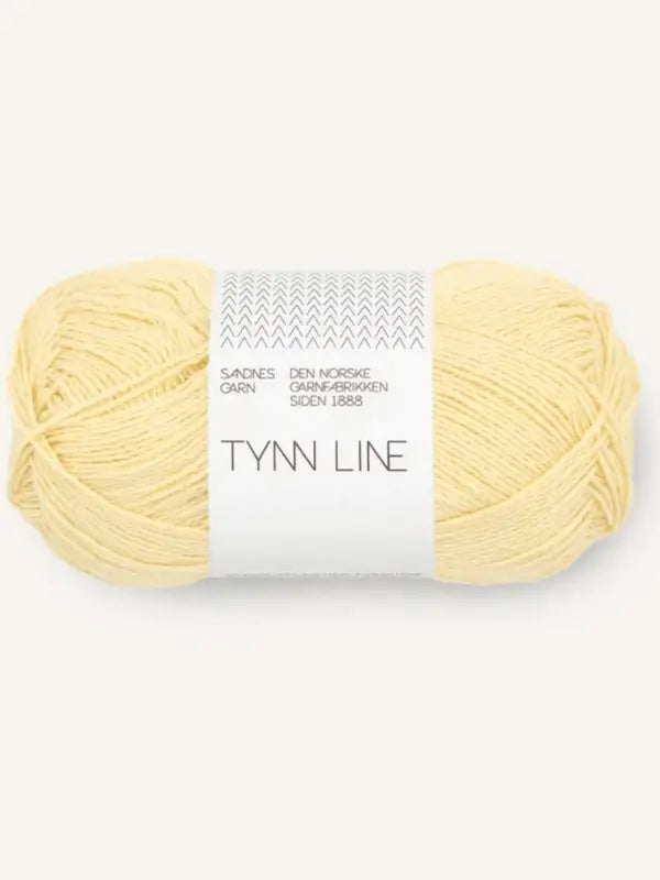 Sandnes Garn Tynn Line in pale yellow, with Norwegian text on a white label, is ideal as a kesäneulelanka or fingering-vahvuinen lanka for your summer projects.