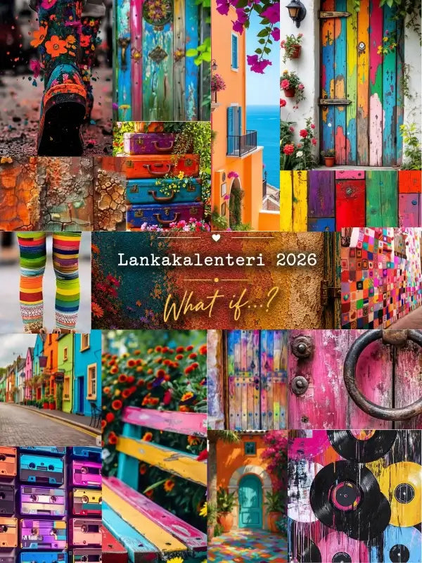 A colorful collage features painted doors, suitcases, flowers, striped leggings, a decorated bench, and vibrant building exteriors, with the text “WoolWomen lankakalenteri 2026 What If...?” in the center.