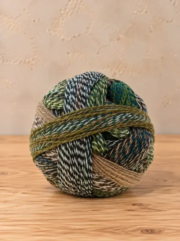A round ball of Schoppel wolle Zauberball crazy variegated yarn in shades of green, brown, and cream.
