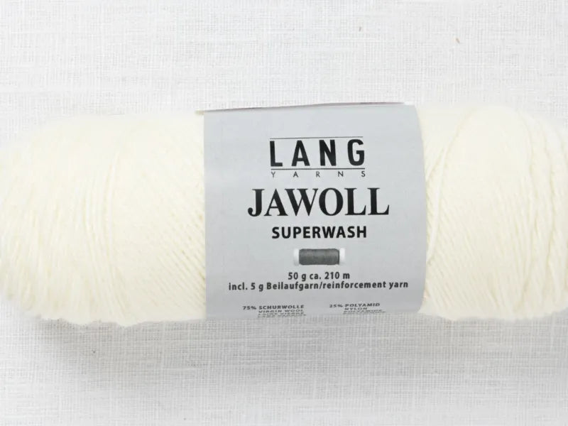 A skein of off-white Timo sukka ohje fingerin ja Lang jawoll yarn with a gray and white label rests on a textured white surface, showing yarn type and composition—ideal for neulontaohje or Timo sukka ohje projects.