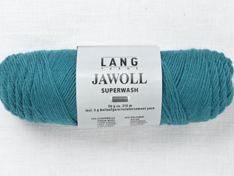 A skein of teal Timo sukka ohje fingerin ja Lang jawoll yarn with a white label on a light, textured surface—ideal for neulontaohje or Timo sukka ohje projects.