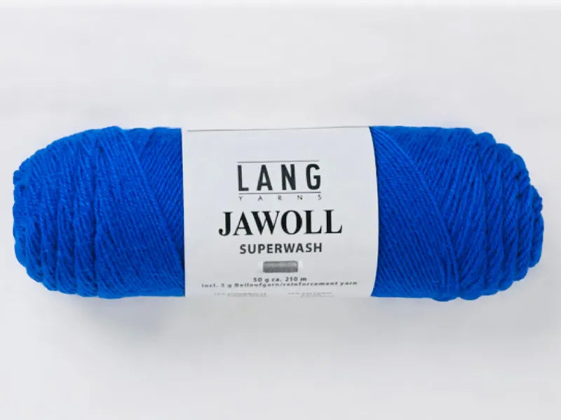 A skein of Lang jawoll in vibrant blue, labeled with "Timo sukka ohje fingerin ja Lang jawoll," perfect for your next neulontaohje or sock knitting project.