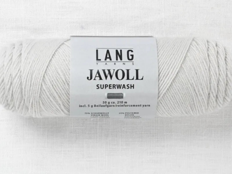 A skein of Timo sukka ohje fingerin ja Lang jawoll in light gray, with its label visible against a white background—ideal for your next Timo sukka ohje or other knitting projects.