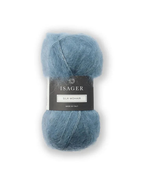 A skein of soft, light blue Isager Silk Mohair with a gray band, ideal for Cumulus Blouse neuleohje projects, displayed on a white background.
