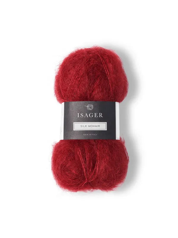 A skein of vivid red Isager Silk Mohair with a black and white band, shown on a white background—perfect for the Cumulus Blouse neuleohje. Product: Cumulus Blouse neuleohje + Isager Silk Mohair.