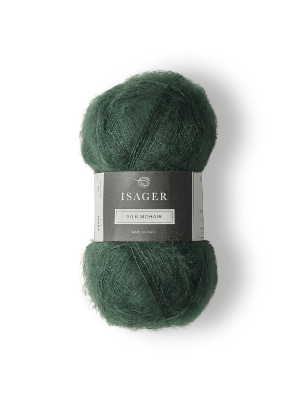 A skein of dark green Isager Silk Mohair with a silver and black label, perfect for your next Cumulus Blouse neuleohje project, is displayed on a white background.