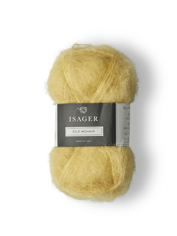 The Cumulus Blouse neuleohje + Isager Silk Mohair features a skein of yellow yarn with a gray and white label, set against a white background—ideal for your next knitting project or creating an elegant blouse.