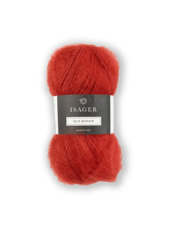 A skein of red Isager Silk Mohair with a dark gray label, white text, and small logo is shown on a white background—ideal for your next Cumulus Blouse neuleohje project.