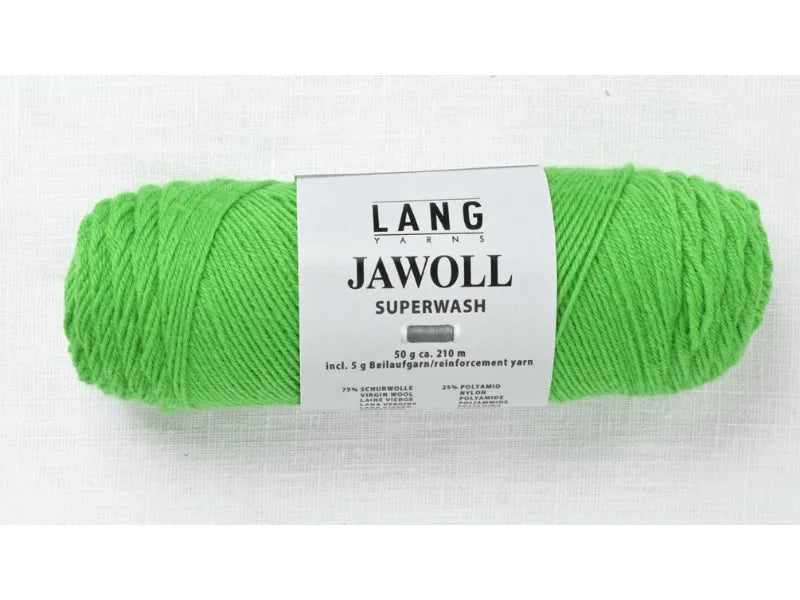 A skein of bright green Timo sukka ohje fingerin ja Lang jawoll (50g/210m) rests on a light textured background—ideal for your next knitting project or pattern.