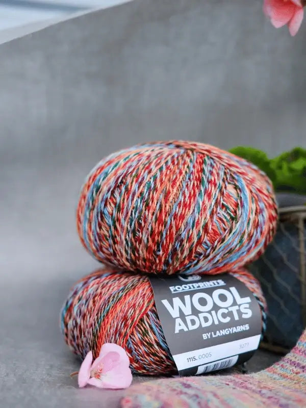 Two multicolored balls of Lang yarns Wool Addicts Footprints rest on a surface, accompanied by a small pink flower and a blurred plant in the background.