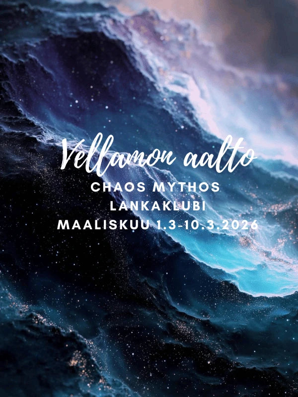 Abstract digital art of dark blue ocean waves with white foam, overlaid with “WoolWomen lankaklubi 2026 - Chaos Mythos Club”, and Finnish event details for March 13-10.3.2026, vuodelle 2026 lanka event.