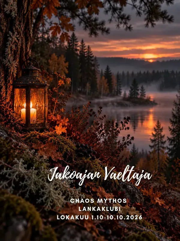 A lantern glows on autumn leaves by a misty lake at sunset. Event text in Finnish and the WoolWomen lankaklubi 2026 -Chaos Mythos Club logo are overlaid at the bottom.