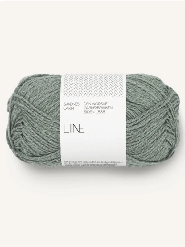 A skein of light gray-green Sandnes Garn Line yarn, labeled on a white band—ideal for your Milly Sweater & Skirt Neuleohje Suomi +Sandnes Garn line project.