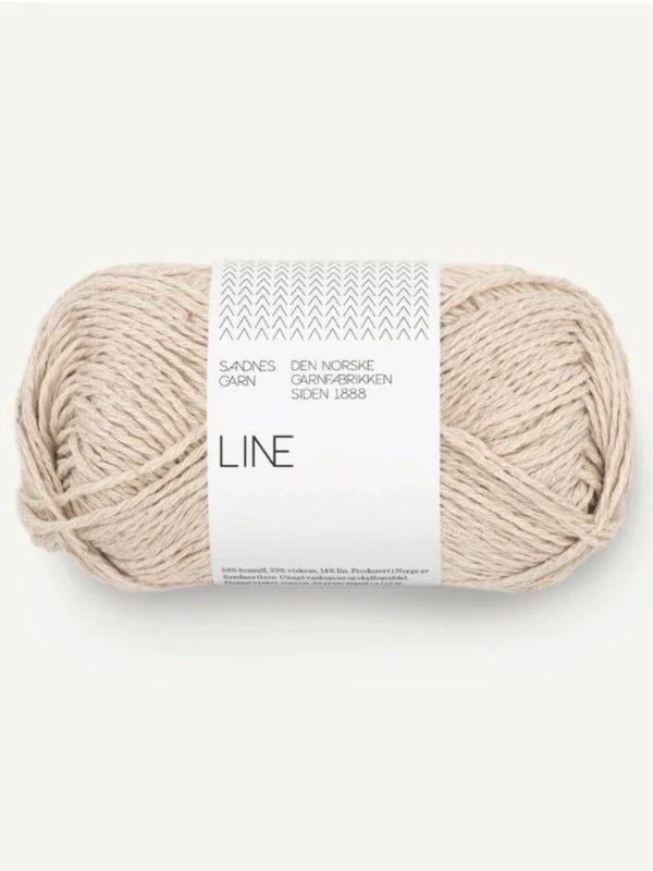 A beige Sandnes Garn Line yarn with a gray LINE label, ideal for your next Milly Sweater & Skirt Neuleohje Suomi + Sandnes Garn line project.