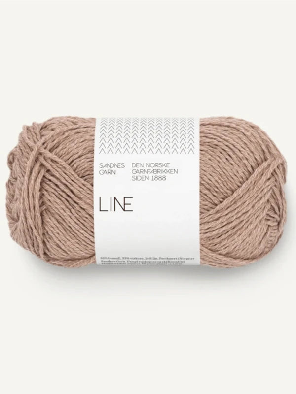 A skein of light brown yarn with a "Sandnes Garn Line" label, ideal for the Milly Sweater & Skirt Neuleohje Suomi +Sandnes Garn line, displayed on a plain light background.