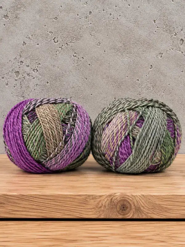 Two round balls of Schoppel-Wolle Edition 3 variegated yarn in shades of purple, green, and tan sit on a wooden surface.