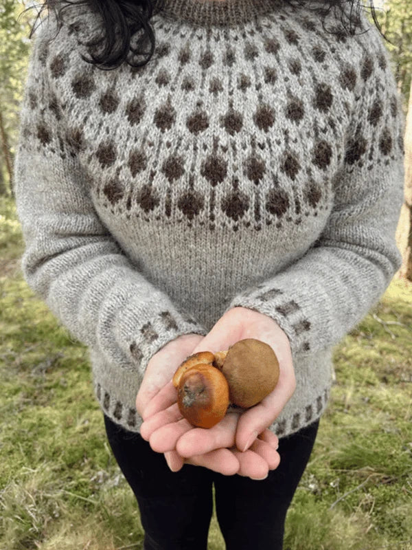 A person wearing the Sisu Knitwear Terhoneule neuleohje Suomi PDF grey sweater holds three small brown mushrooms in their hands while standing outdoors on grass with trees behind them.