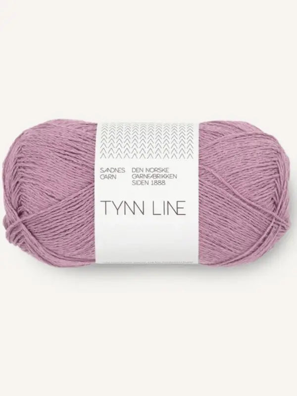 A skein of Sandnes Garn Tynn Line, in light purple and labeled in Norwegian on a white wrapper. This soft, lightweight fingering yarn is perfect as a summer yarn for knitting or crocheting projects.