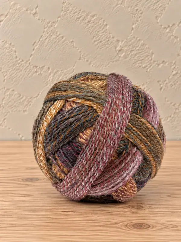 A ball of Schoppel wolle Zauberball crazy yarn in variegated shades of brown, gray, and dusty rose.