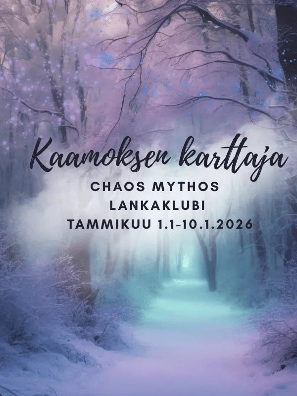 A snowy, magical forest with purple and blue hues. Finnish text: Kaamoksen karttaja, WoolWomen lankaklubi 2026 - Chaos Mythos Club, Käsinvärjätty lankaklubi, Tammikuu 1.1-10.1.2026 vuoden 2026 lanka.